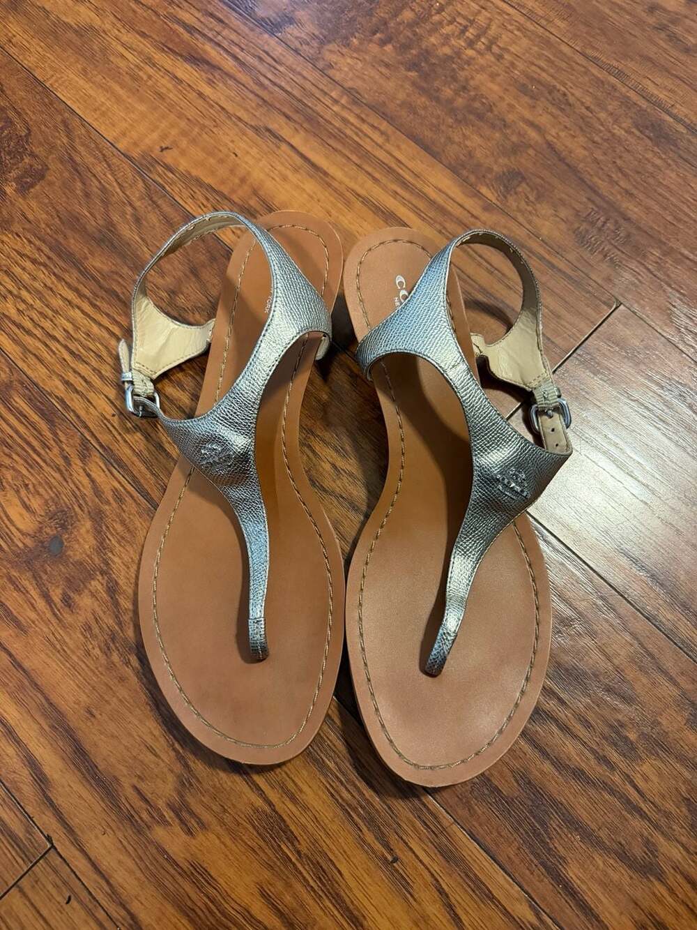 Coach Vitalia Silver Metallic Wedge Thong Sandals Size 8.5B